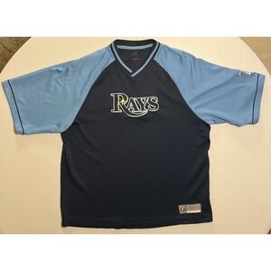 Y2K VTG Majestic Tampa Bay Rays MLB Jersey Color Block Blue V-Neck Top Mens L